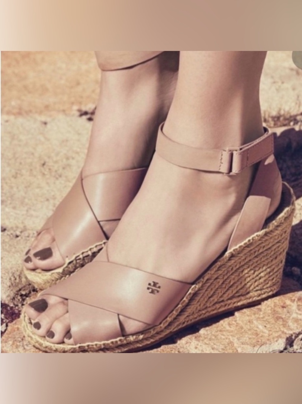 Tory Burch Nude Leather Espadrille Wedge Sandals Size 6.5